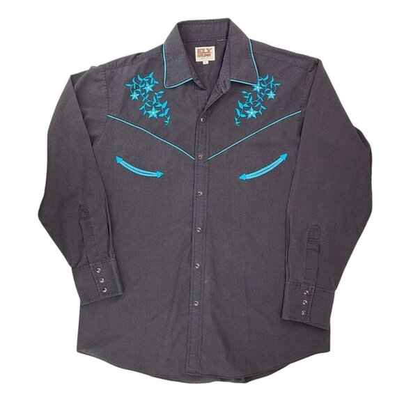 Vintage Ely Cattleman Western Shirt Pearl Snap Men Large Black Blue Embroidered - Picture 5 of 9